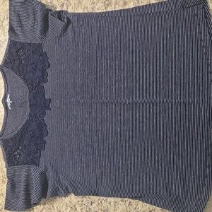 3/$17 Laura Scott Navy Blue Striped Lace Accent Short Sleeve Top